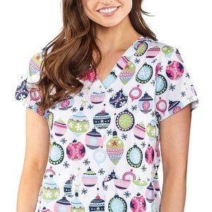 Med Couture scrub top holiday pocket Christmas ornaments Vicky print white XL